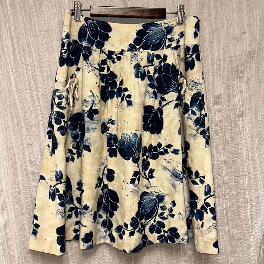 Talbots 8 Ivory Navy A-Line Floral Cotton Skirt with Pockets